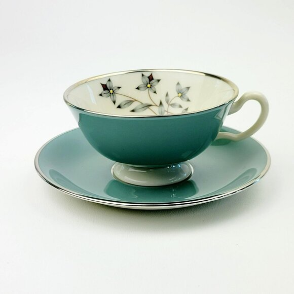 Lenox Kingsley Teacup & Saucer Teal Band Platinum Trim Floral Center c1954-79 - Picture 2 of 14